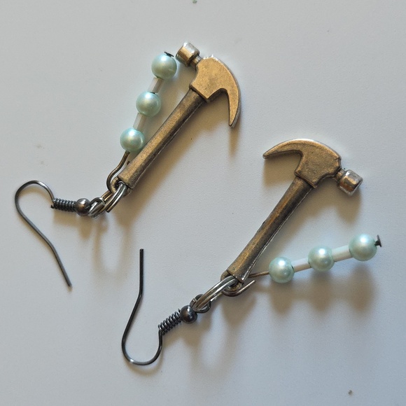 Silver Tone Hammer Earrings with Beads - Picture 1 of 4